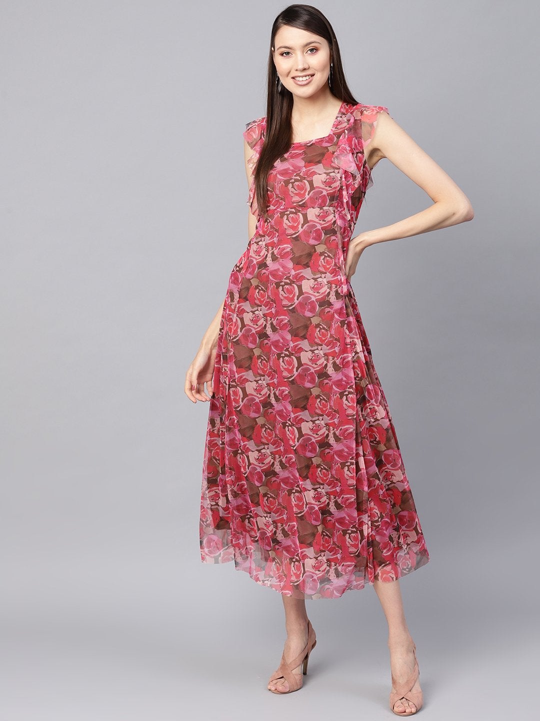 Women's Pink Rose Floral Front Ruffles Maxi - SASSAFRAS