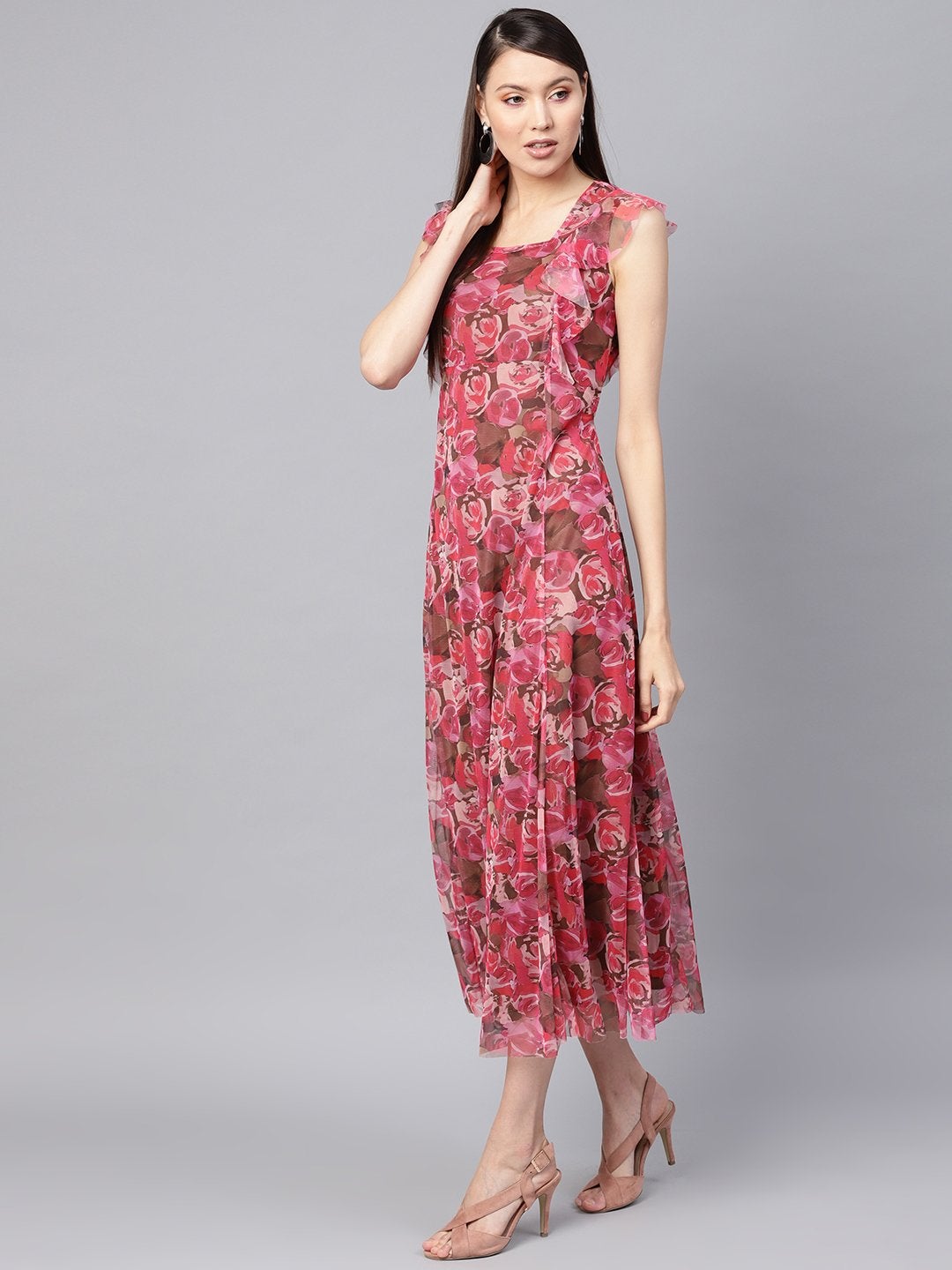 Women's Pink Rose Floral Front Ruffles Maxi - SASSAFRAS