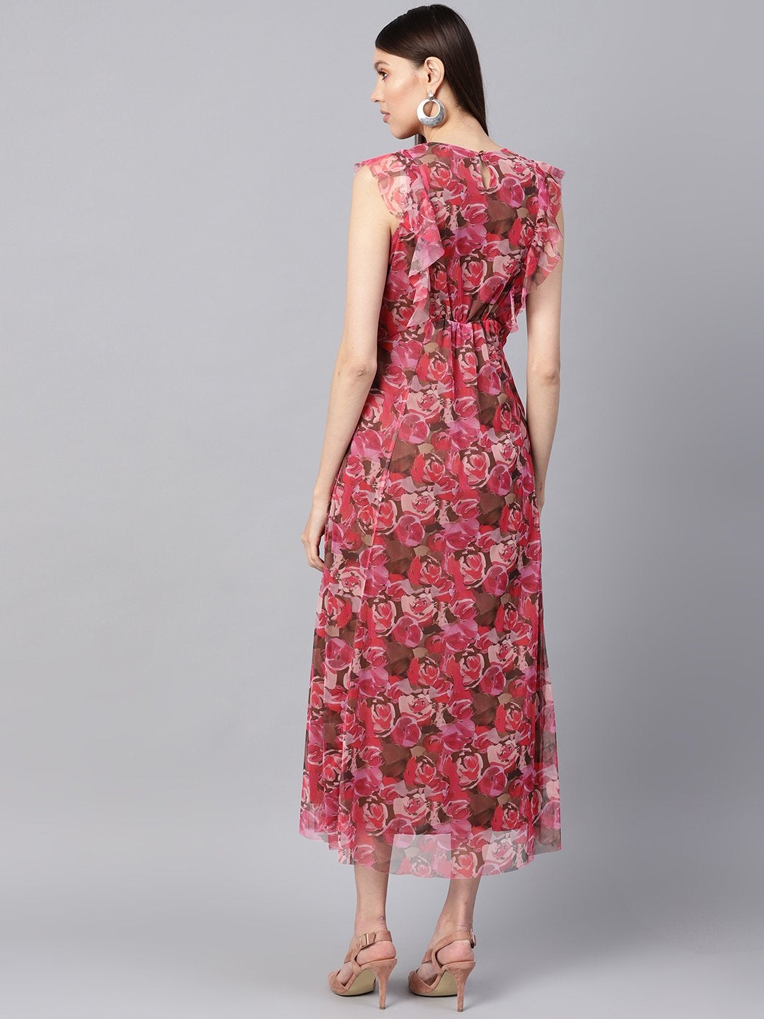 Women's Pink Rose Floral Front Ruffles Maxi - SASSAFRAS