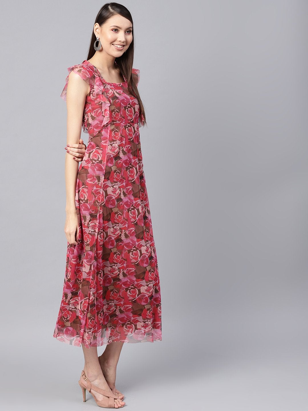 Women's Pink Rose Floral Front Ruffles Maxi - SASSAFRAS