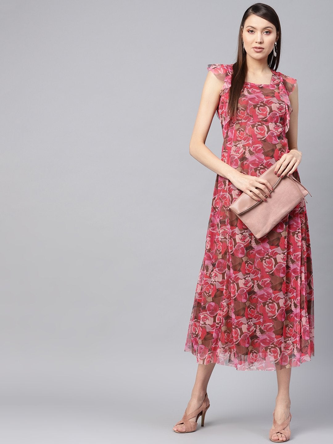 Women's Pink Rose Floral Front Ruffles Maxi - SASSAFRAS