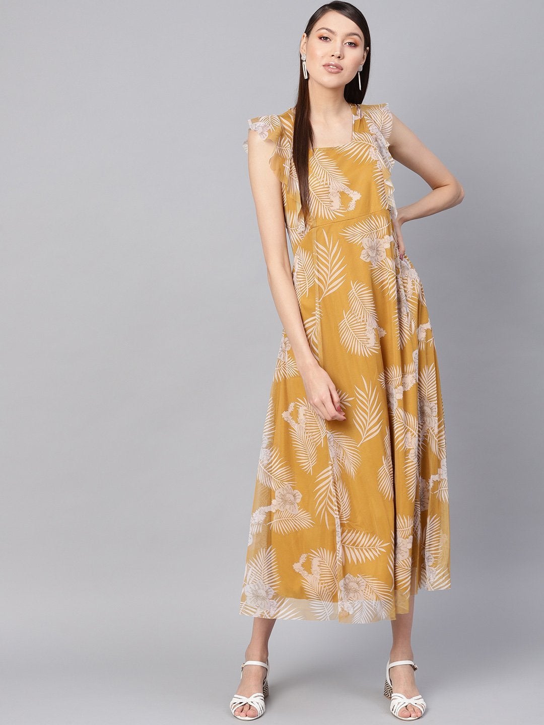 Women's Mustard Floral Front Ruffles Maxi - SASSAFRAS