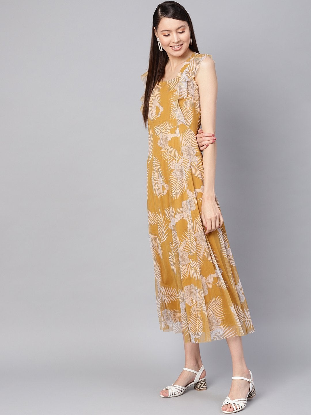 Women's Mustard Floral Front Ruffles Maxi - SASSAFRAS