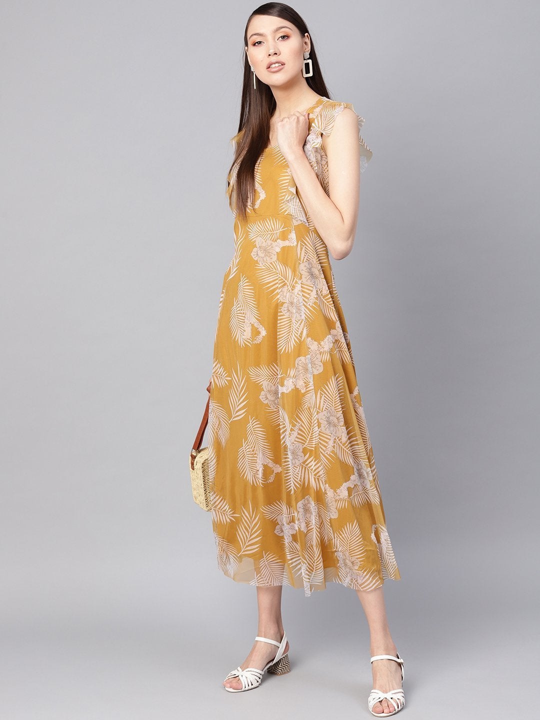 Women's Mustard Floral Front Ruffles Maxi - SASSAFRAS