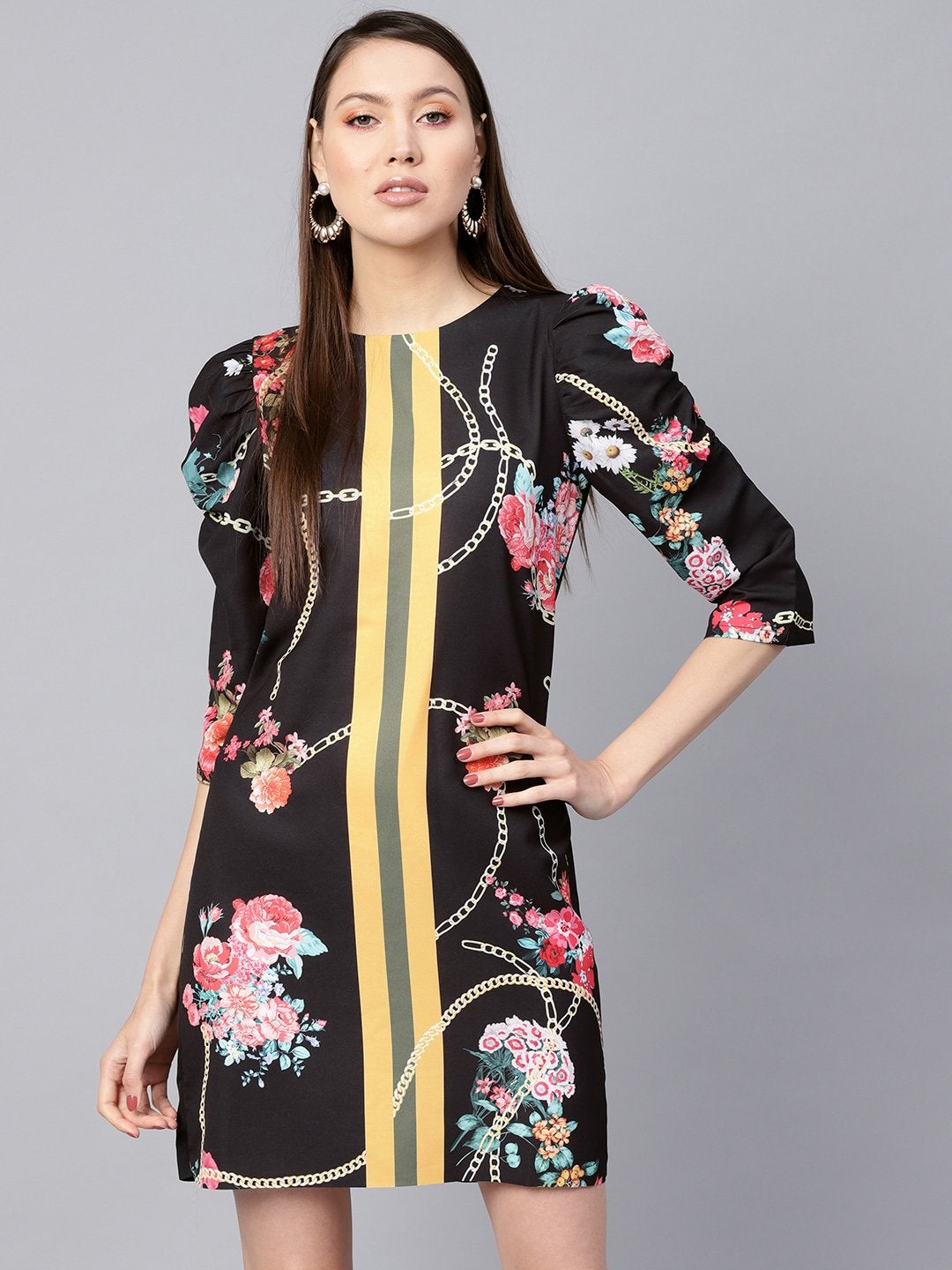 Women's Black Floral Placement Print Shift Dress - SASSAFRAS