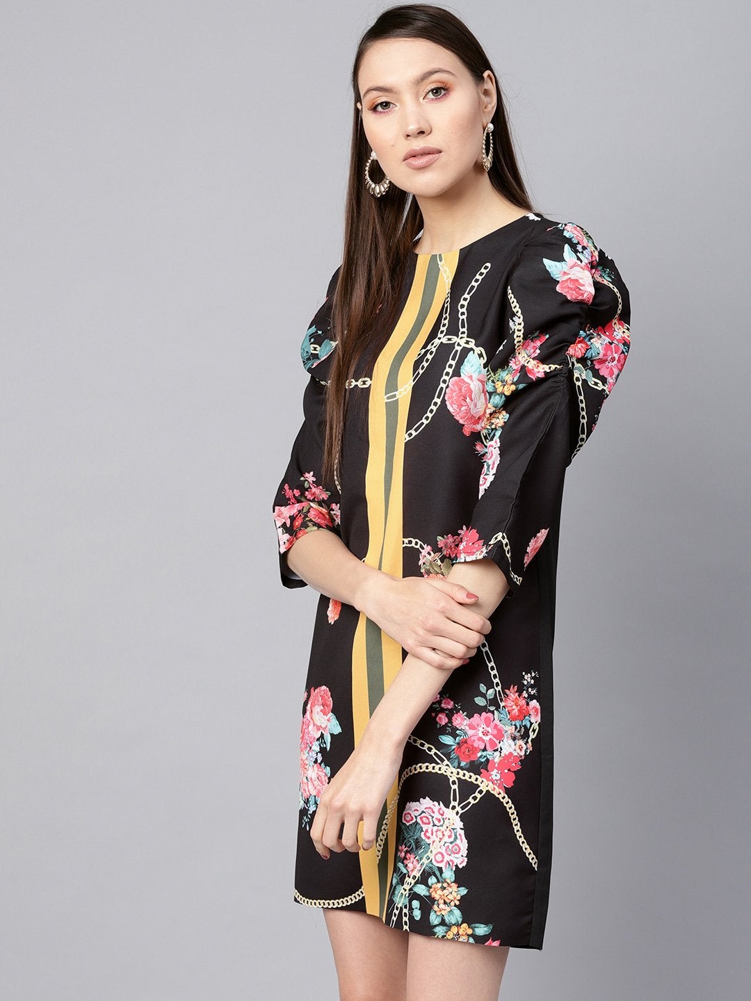 Women's Black Floral Placement Print Shift Dress - SASSAFRAS