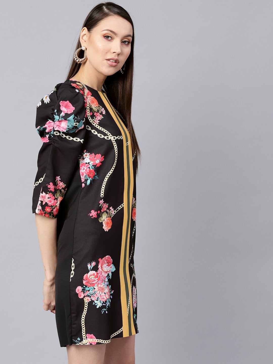 Women's Black Floral Placement Print Shift Dress - SASSAFRAS