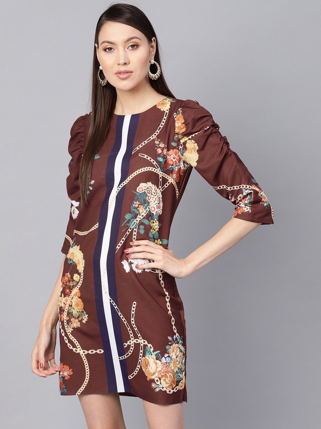 Women's Burgundy Floral Placement Print Shift Dress - SASSAFRAS