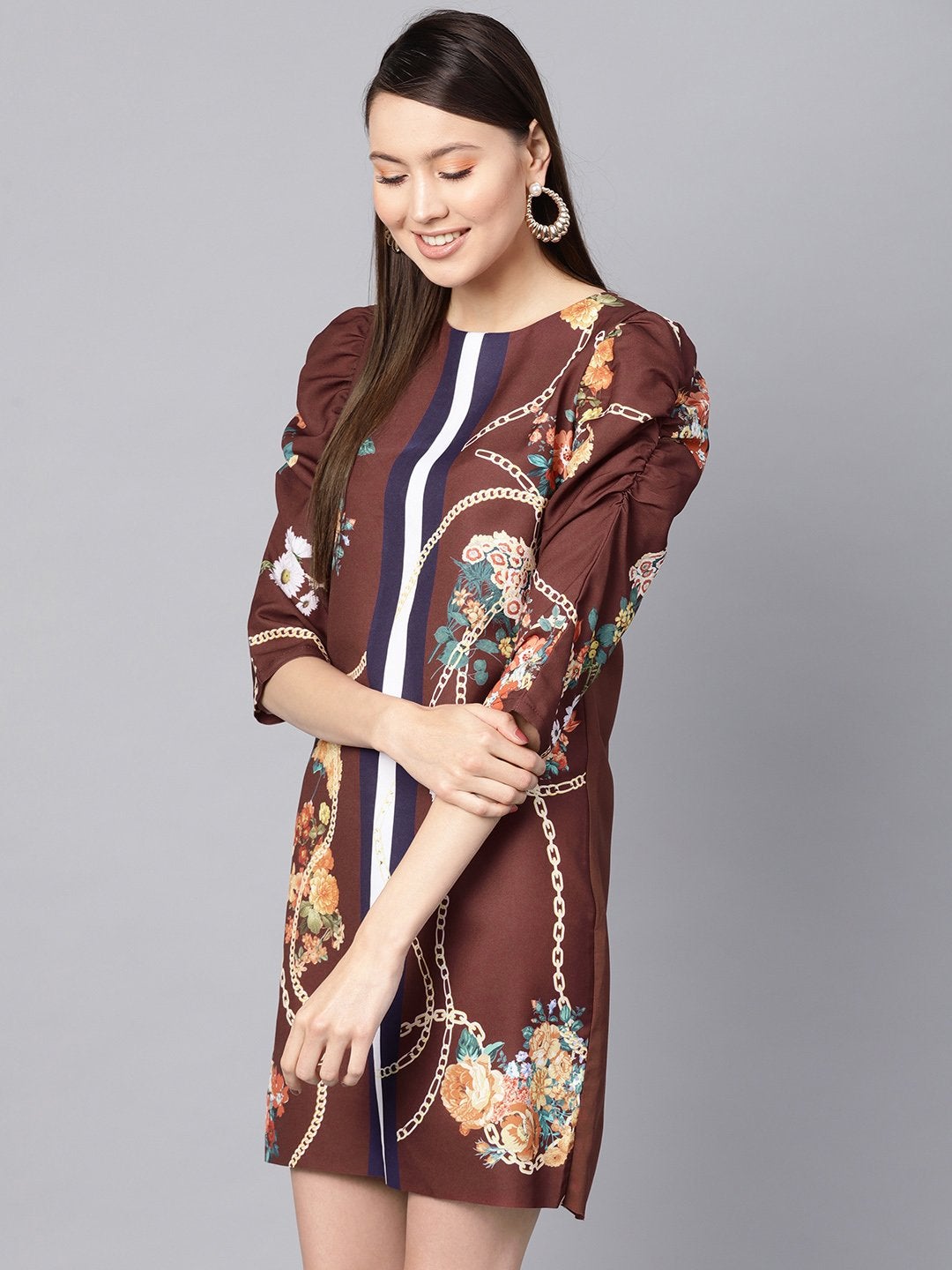 Women's Burgundy Floral Placement Print Shift Dress - SASSAFRAS