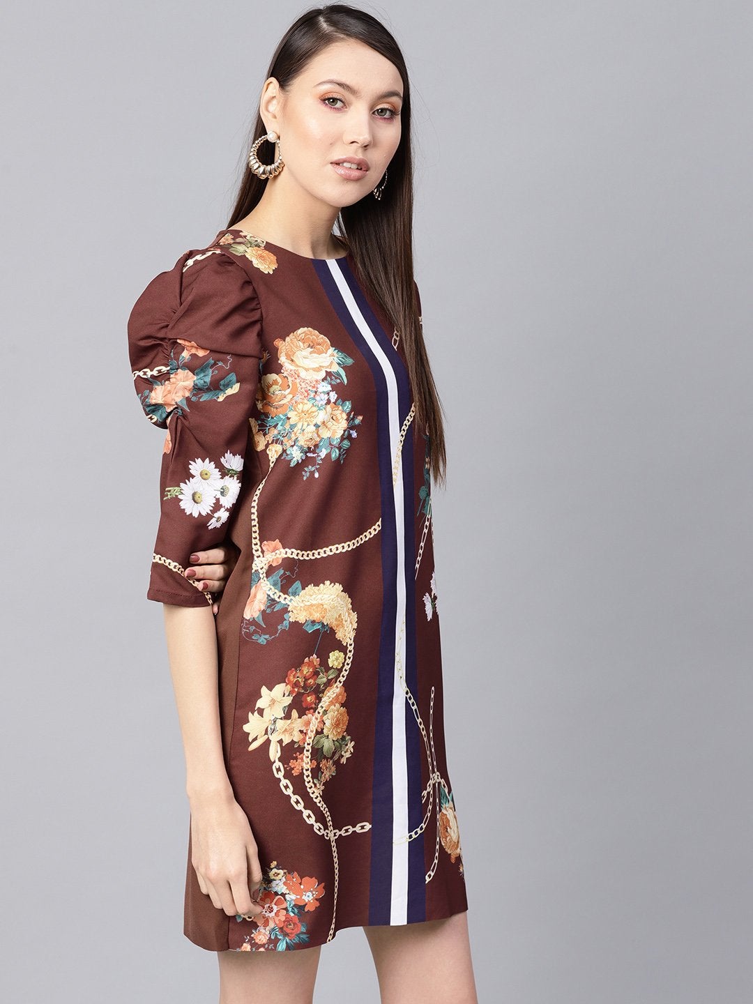 Women's Burgundy Floral Placement Print Shift Dress - SASSAFRAS