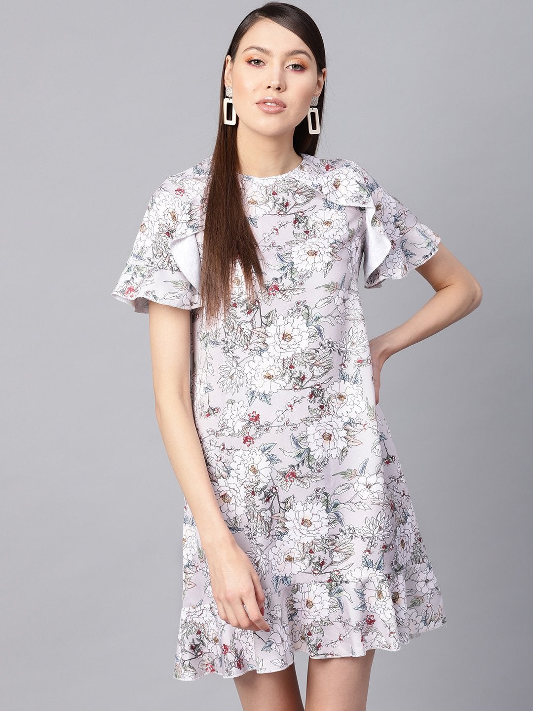 Women's Grey Floral Frill Hem Shift Dress - SASSAFRAS