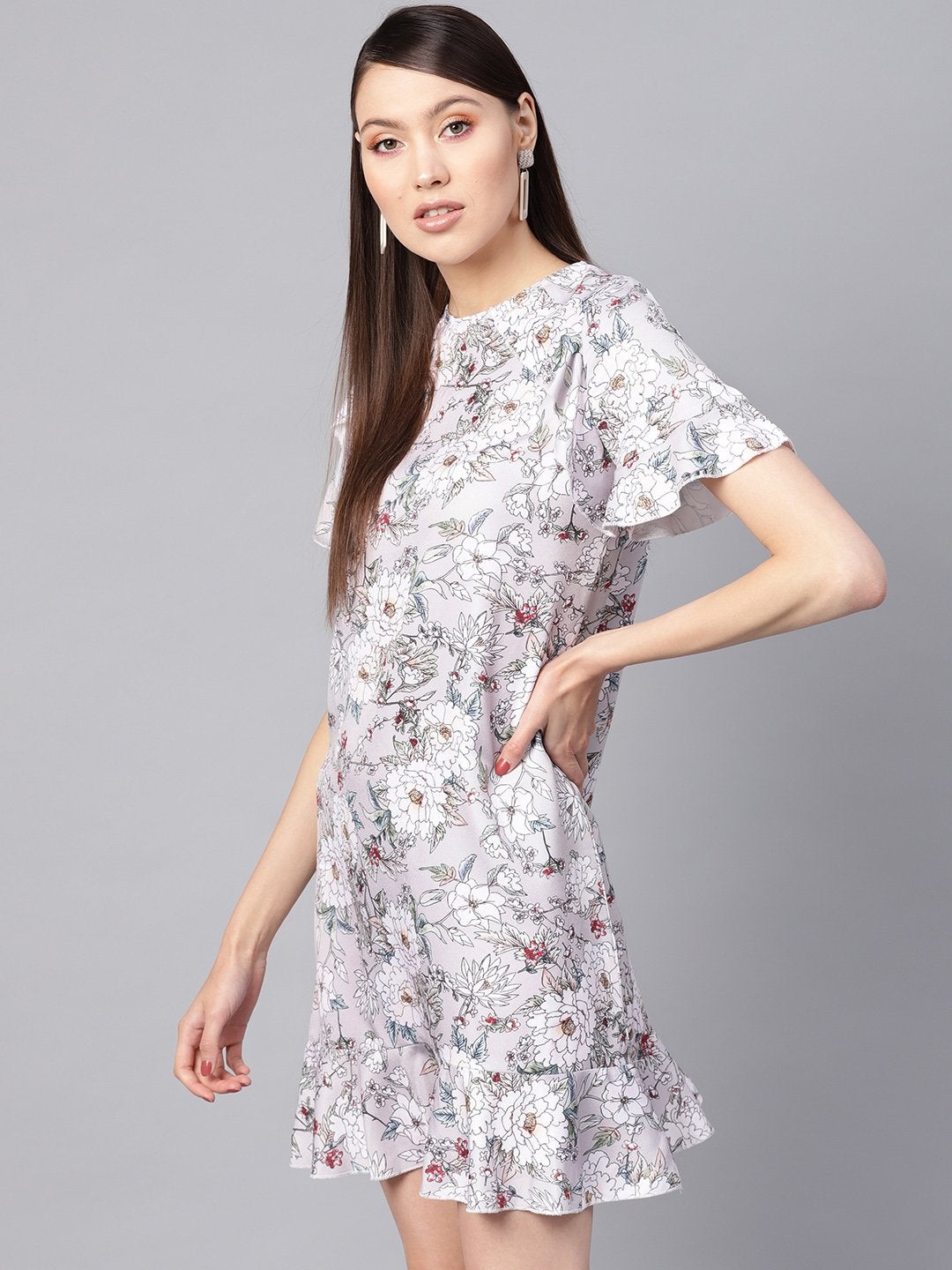 Women's Grey Floral Frill Hem Shift Dress - SASSAFRAS