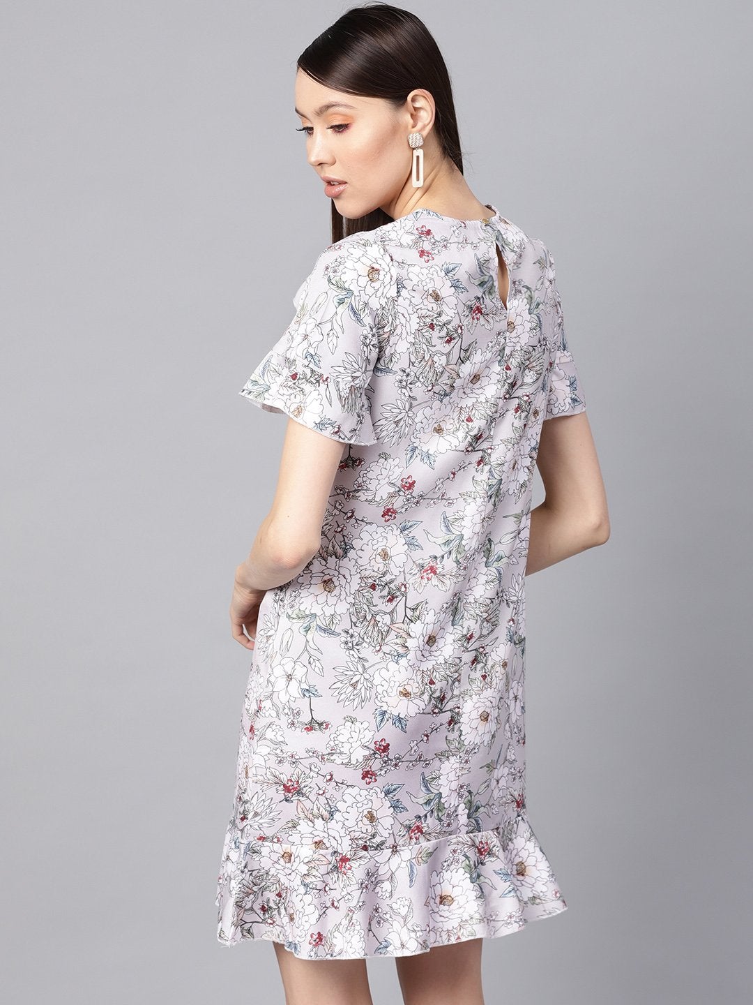 Women's Grey Floral Frill Hem Shift Dress - SASSAFRAS