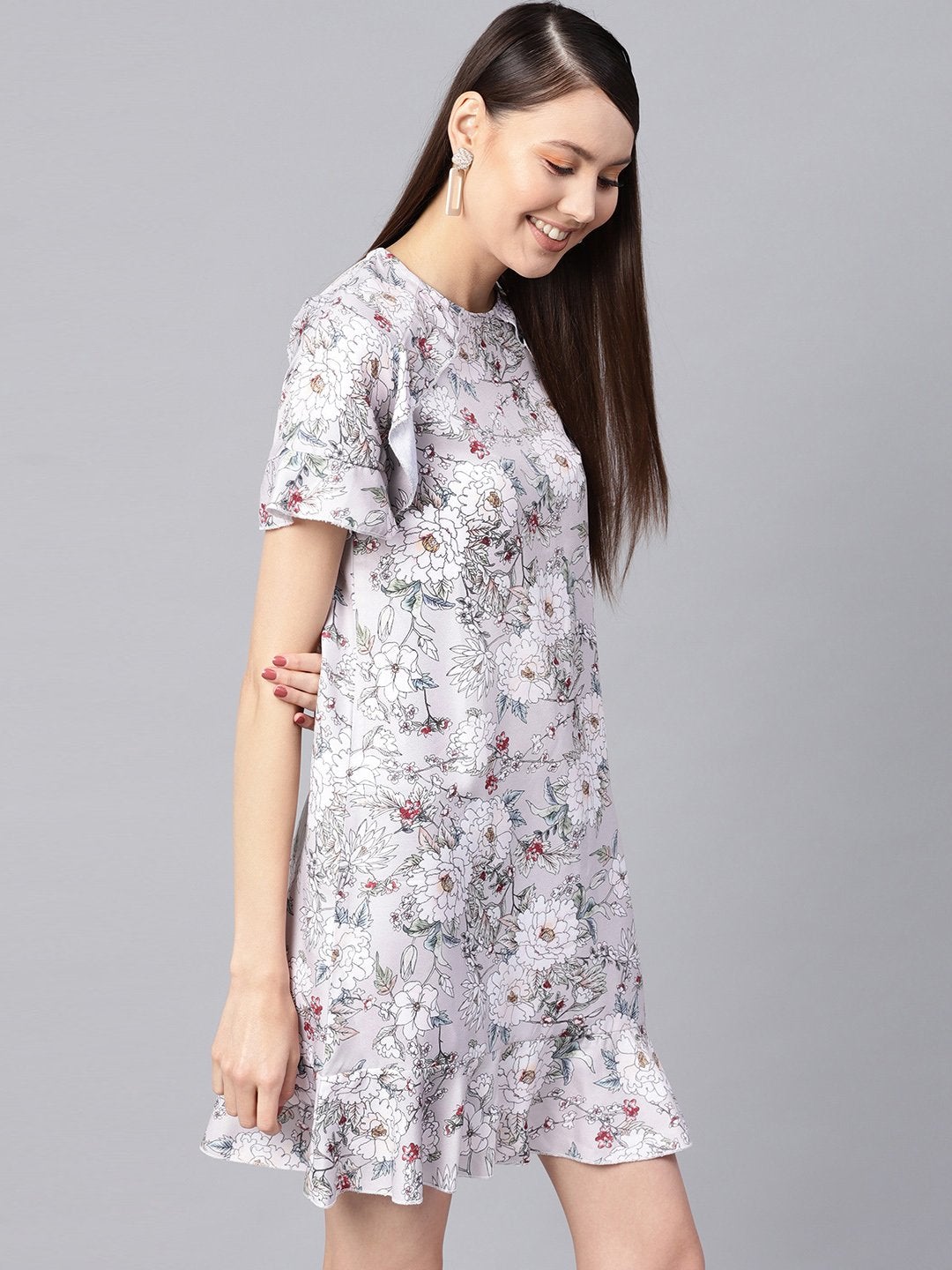 Women's Grey Floral Frill Hem Shift Dress - SASSAFRAS