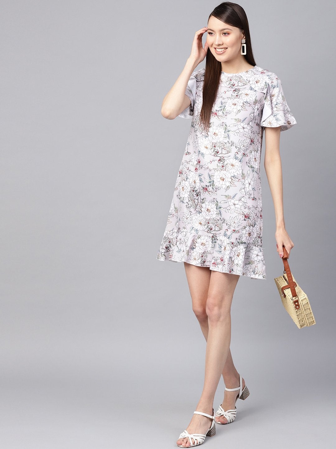 Women's Grey Floral Frill Hem Shift Dress - SASSAFRAS