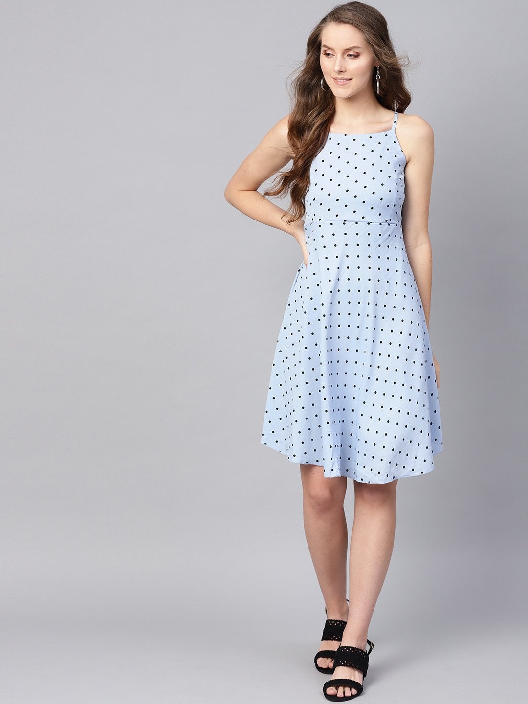 Women's Blue Dot Strappy Fit & Flare Dress - SASSAFRAS