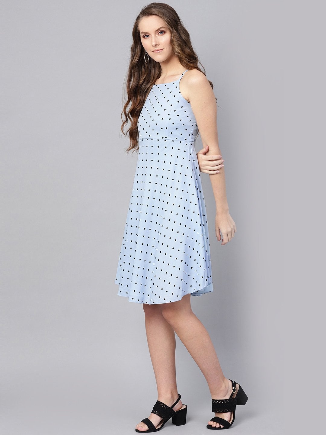 Women's Blue Dot Strappy Fit & Flare Dress - SASSAFRAS