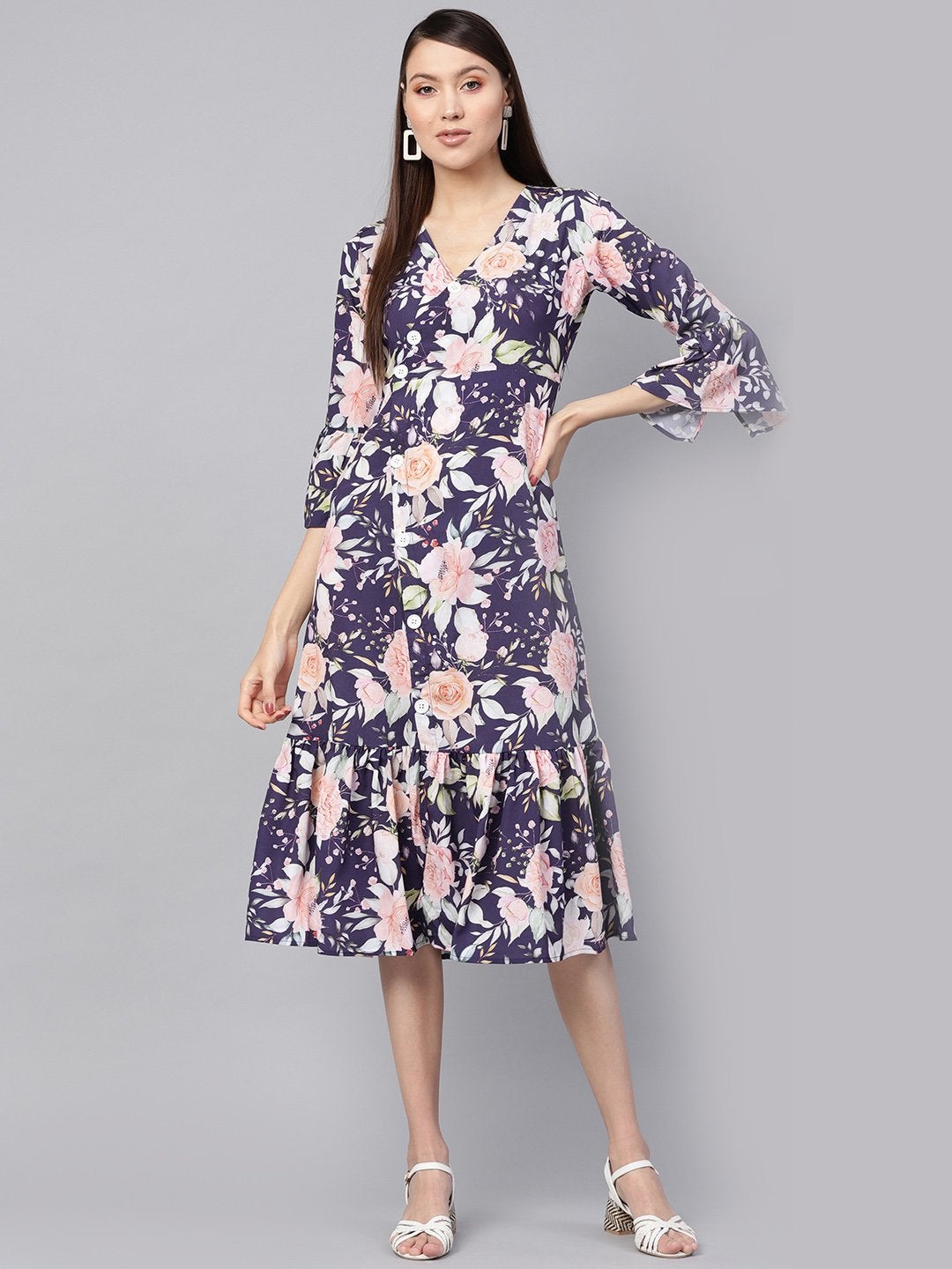 Women's Navy Floral Frill Hem Wrap Dress - SASSAFRAS