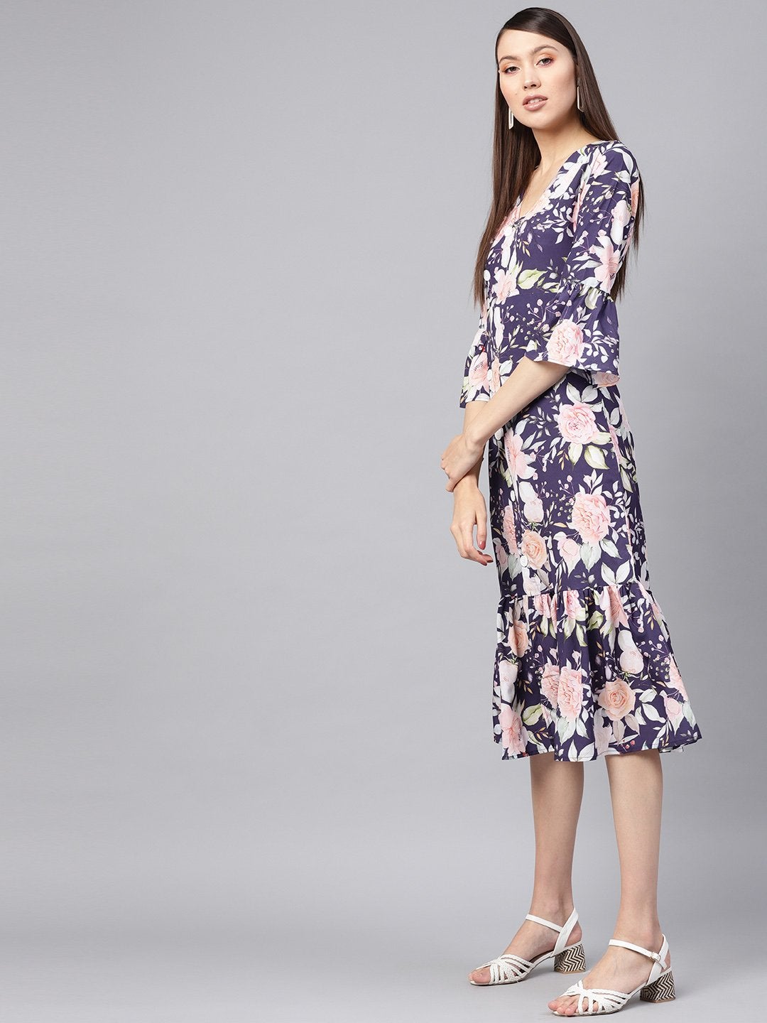 Women's Navy Floral Frill Hem Wrap Dress - SASSAFRAS