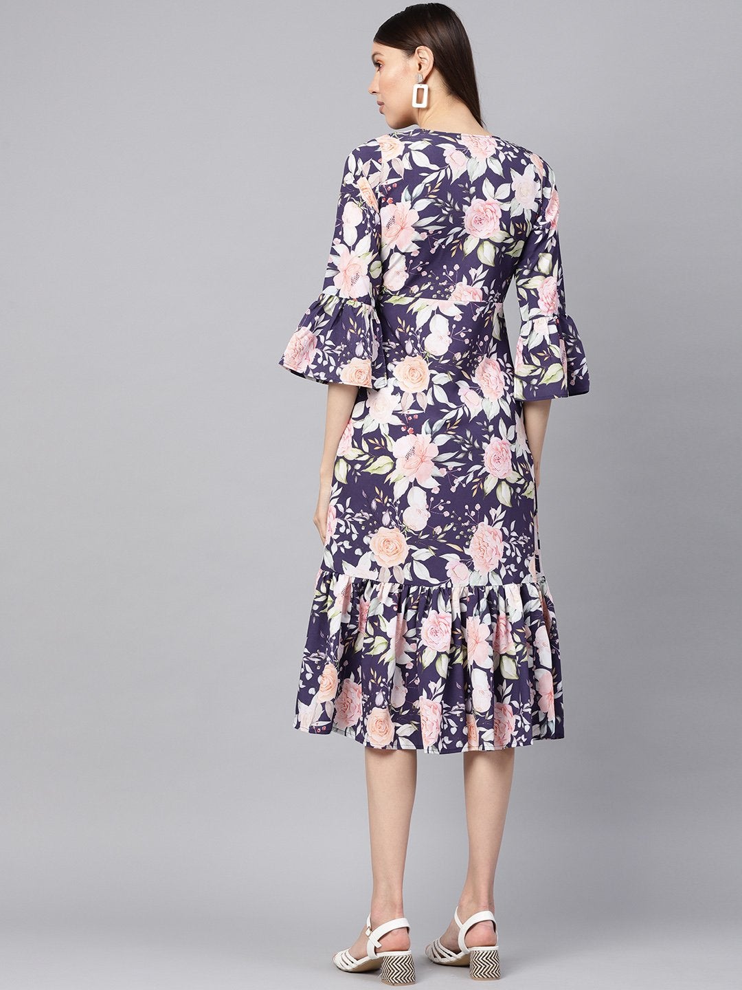 Women's Navy Floral Frill Hem Wrap Dress - SASSAFRAS