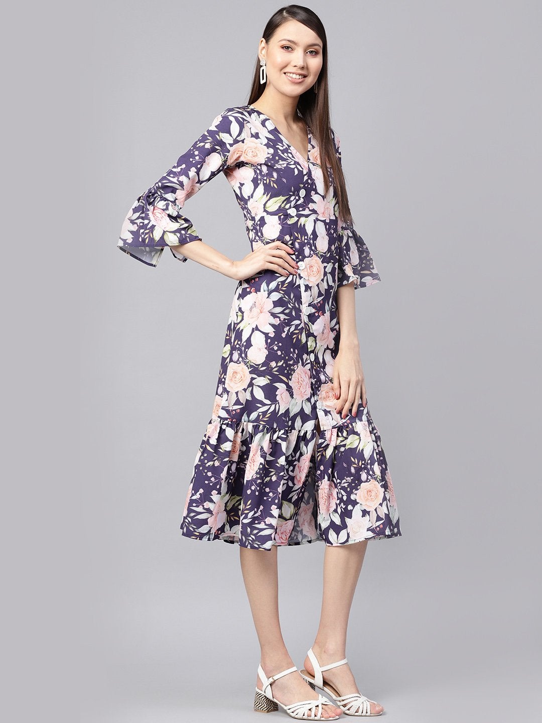 Women's Navy Floral Frill Hem Wrap Dress - SASSAFRAS