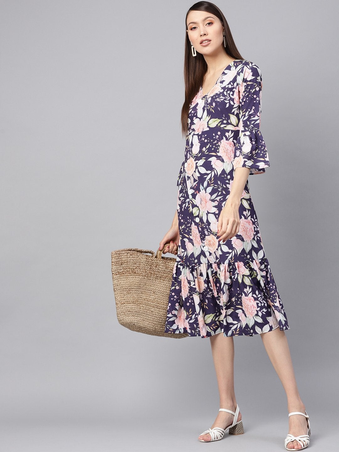 Women's Navy Floral Frill Hem Wrap Dress - SASSAFRAS