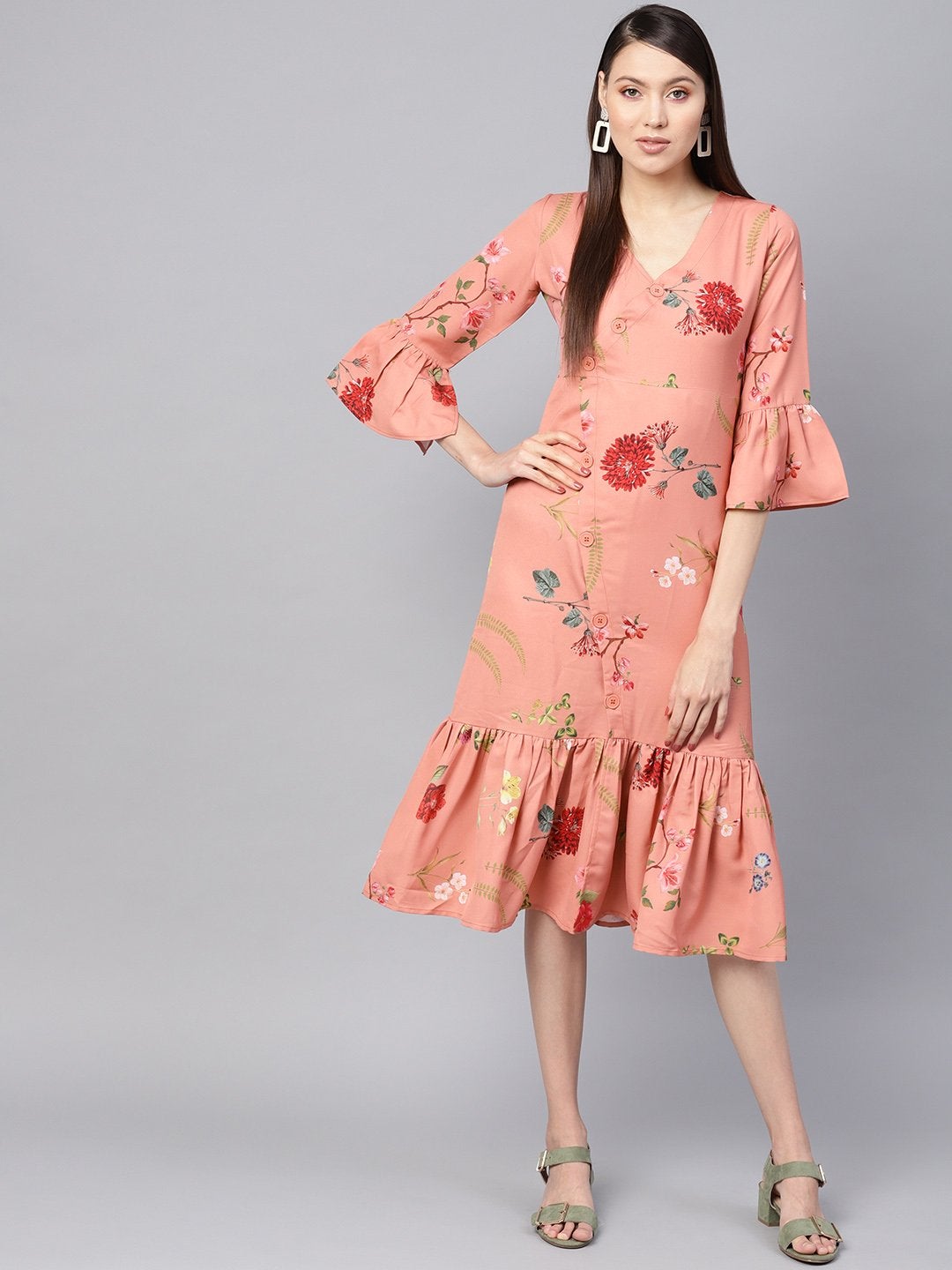 Women's Pink Floral Frill Hem Wrap Dress - SASSAFRAS