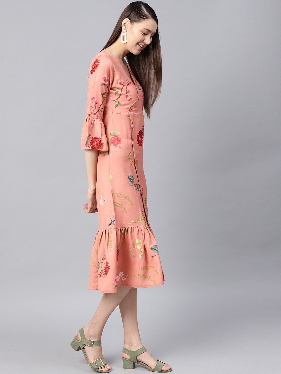 Women's Pink Floral Frill Hem Wrap Dress - SASSAFRAS