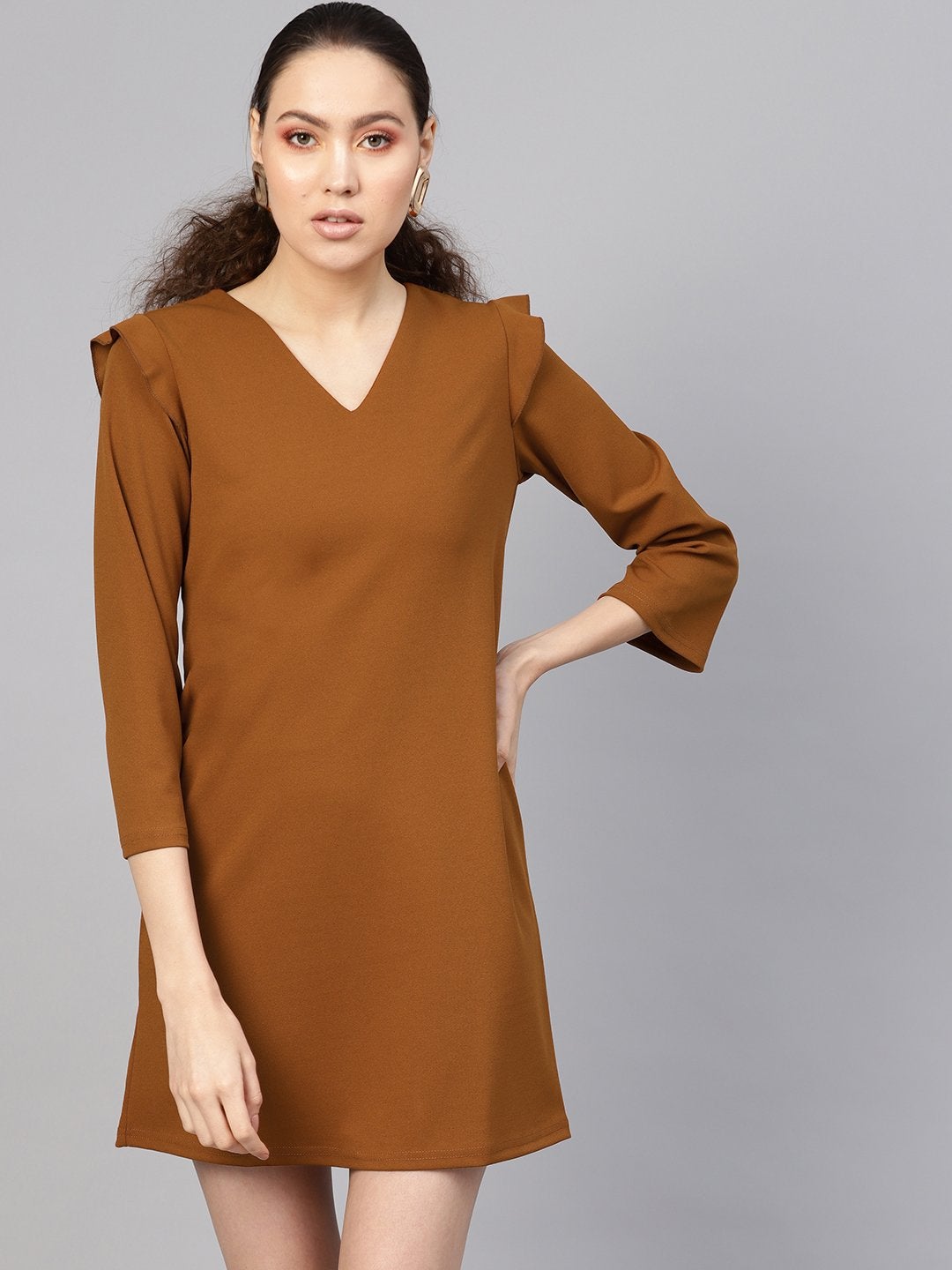 Women's Brown V-Neck Shift Dress - SASSAFRAS