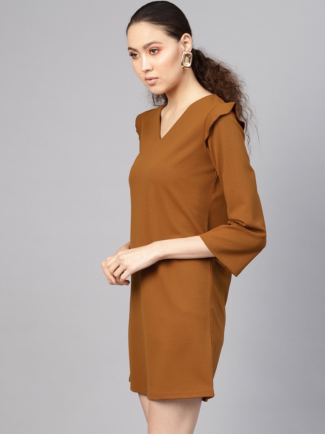 Women's Brown V-Neck Shift Dress - SASSAFRAS