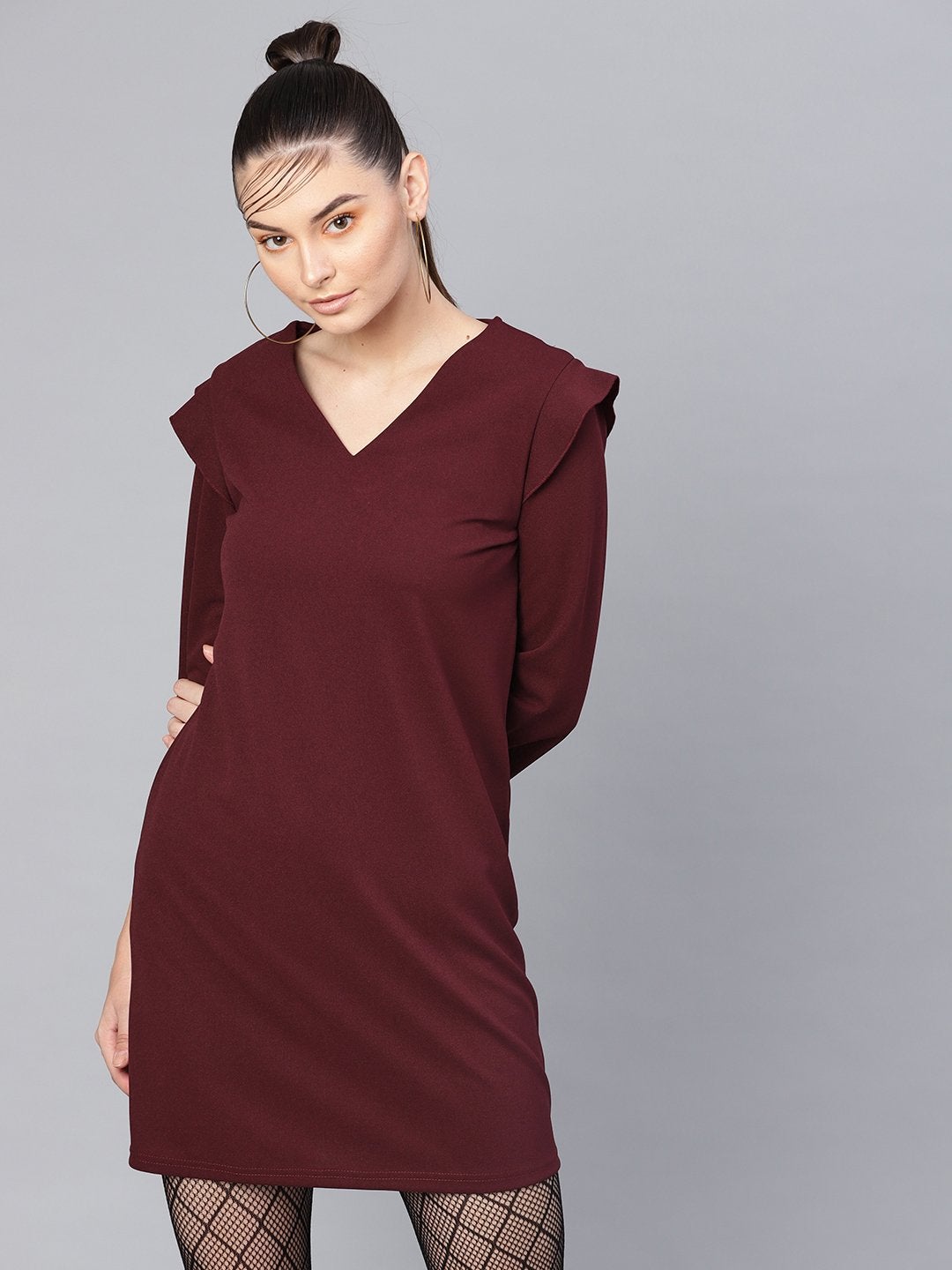 Women's Burgundy V-Neck Shift Dress - SASSAFRAS