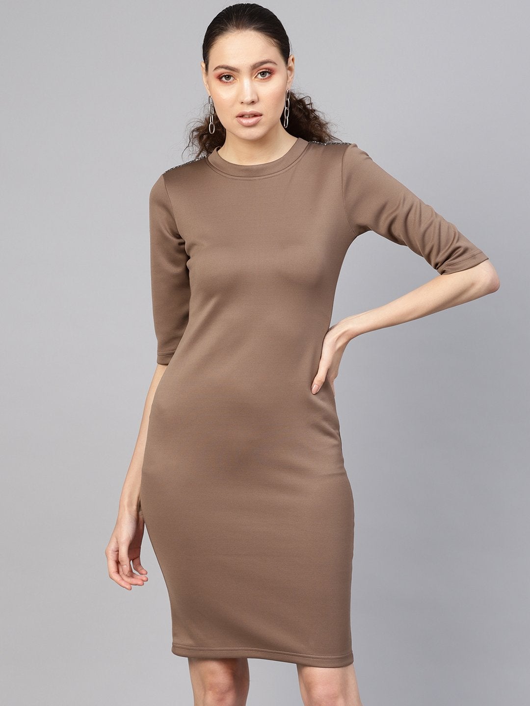 Women's Brown Metal Trim Bodycon Dress - SASSAFRAS