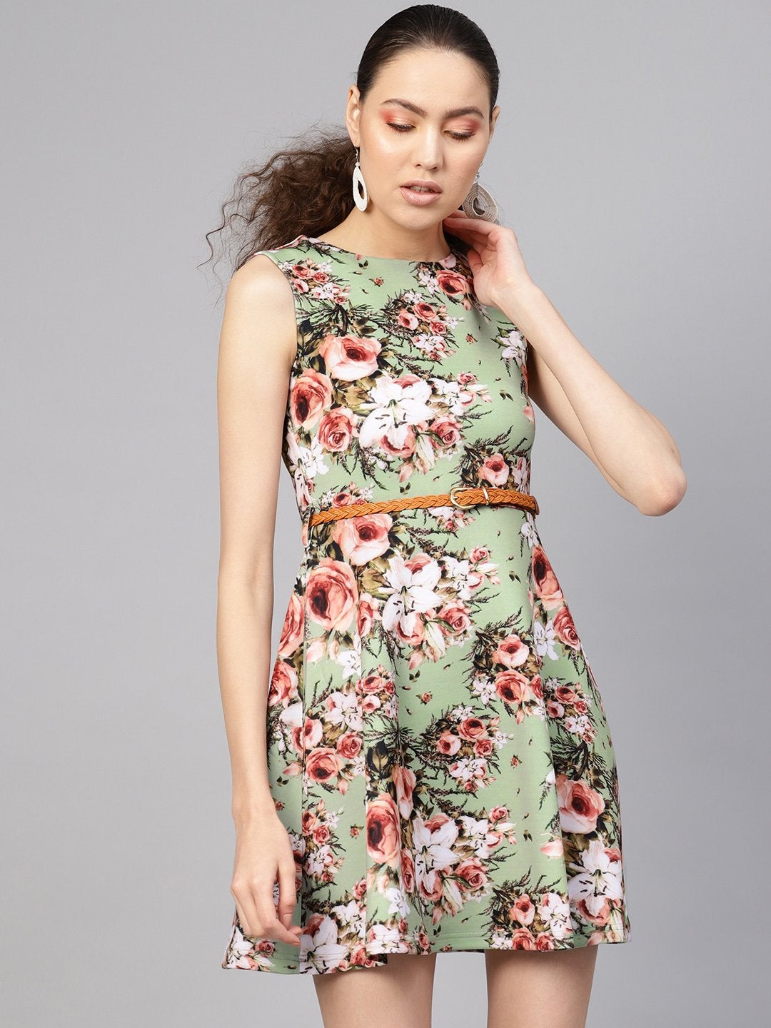 Women's Green Floral Belted Skater Dress - SASSAFRAS