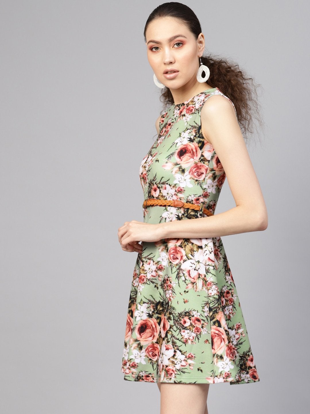 Women's Green Floral Belted Skater Dress - SASSAFRAS