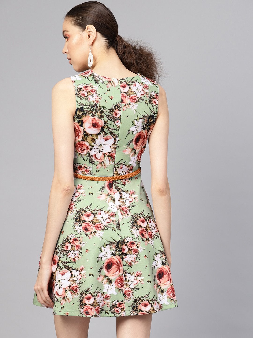 Women's Green Floral Belted Skater Dress - SASSAFRAS