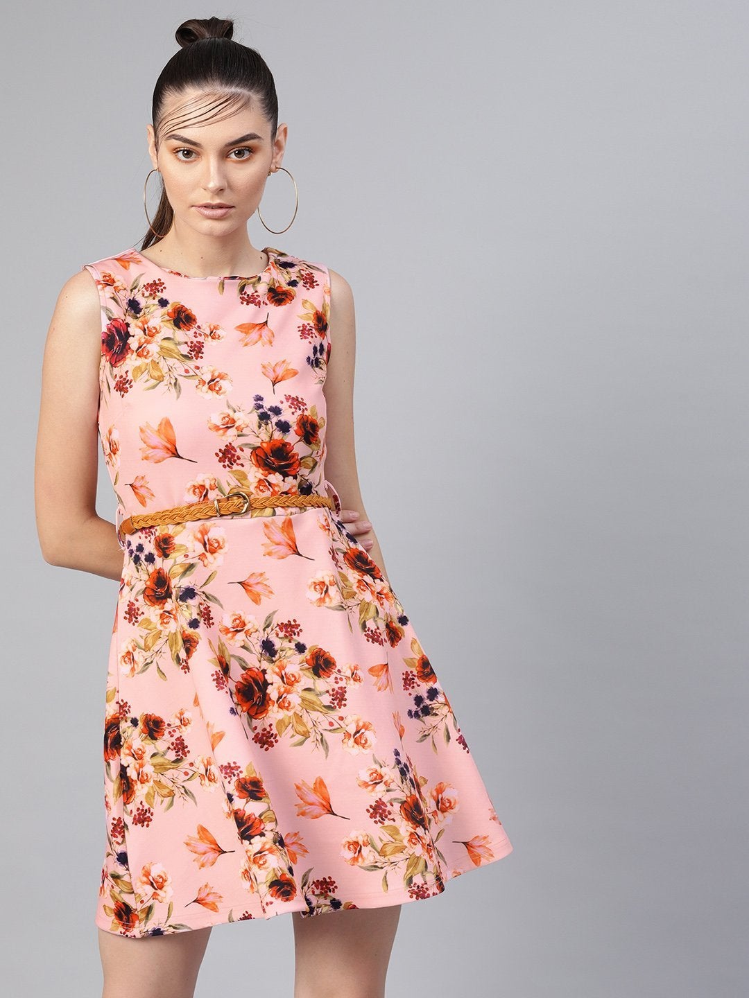 Women's Pink Floral Belted Skater Dress - SASSAFRAS