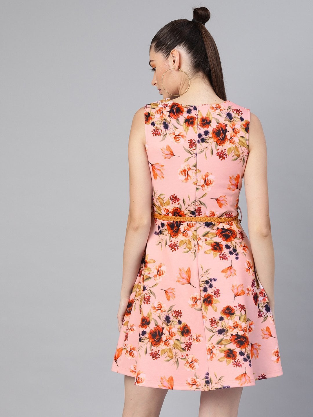 Women's Pink Floral Belted Skater Dress - SASSAFRAS