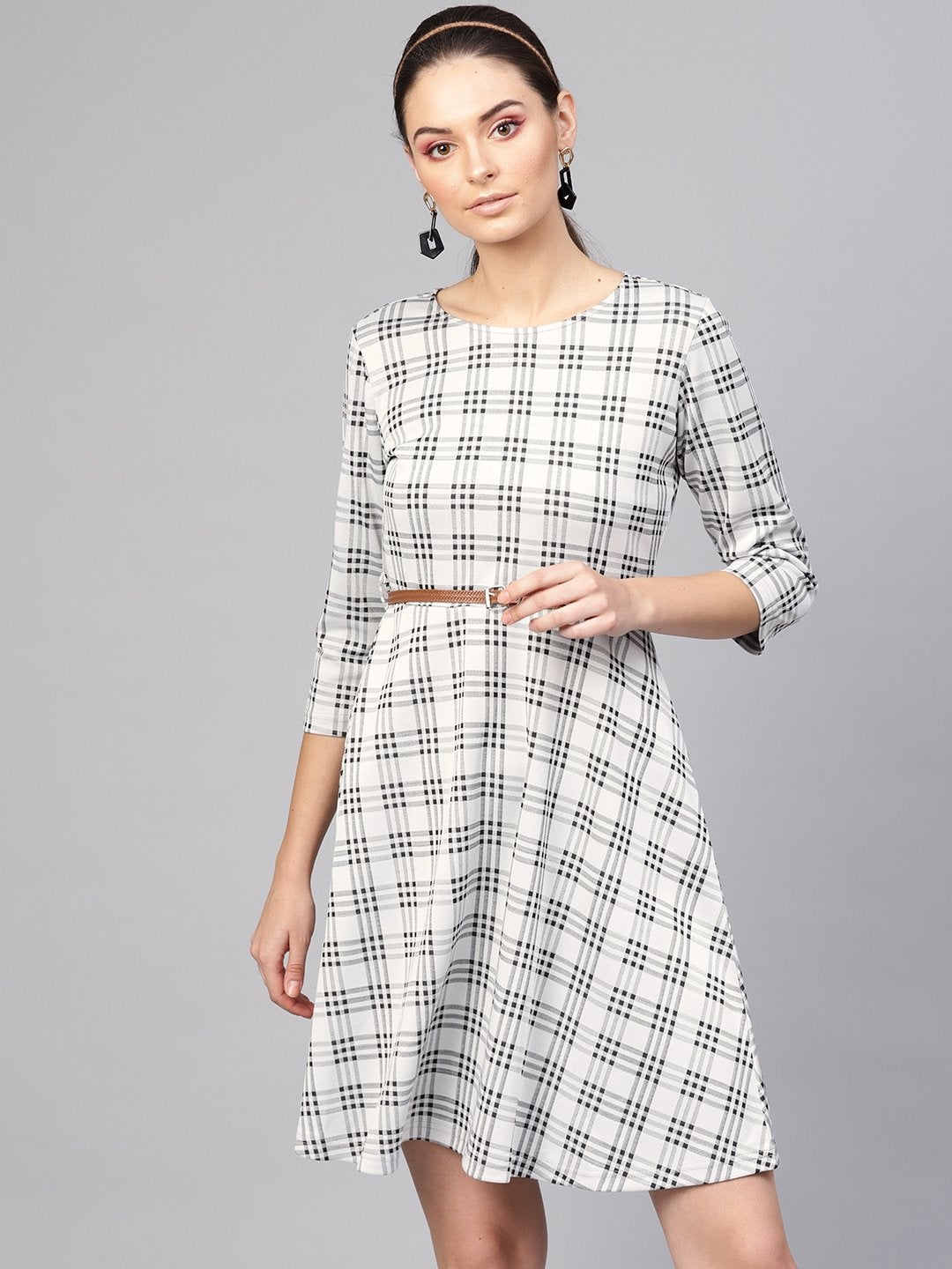 Women's Black & Grey Check Belted Skater Dress - SASSAFRAS