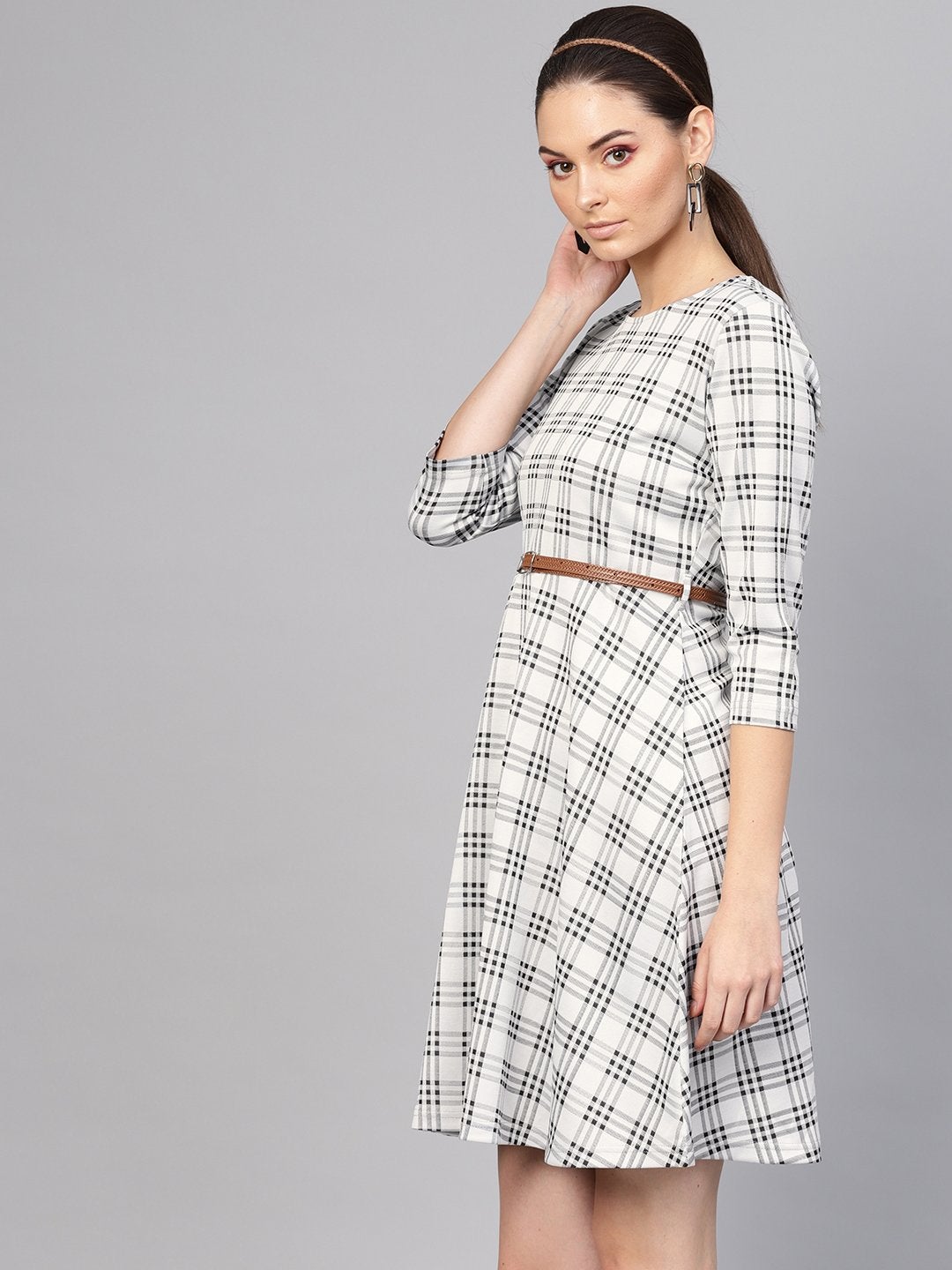 Women's Black & Grey Check Belted Skater Dress - SASSAFRAS