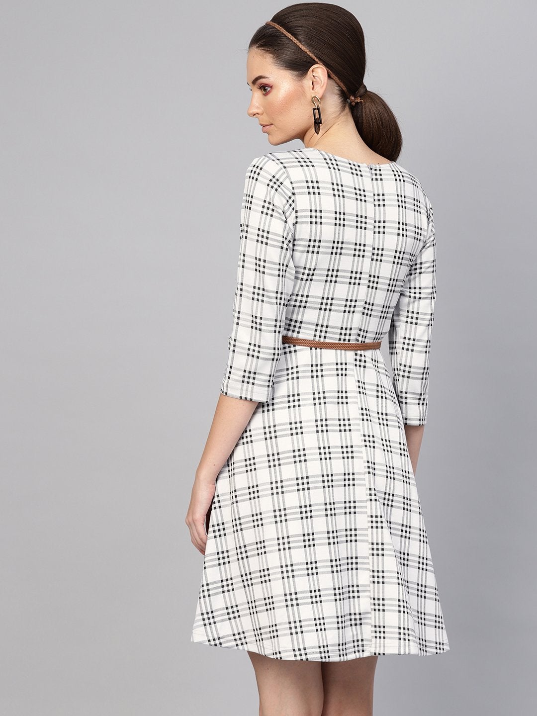 Women's Black & Grey Check Belted Skater Dress - SASSAFRAS