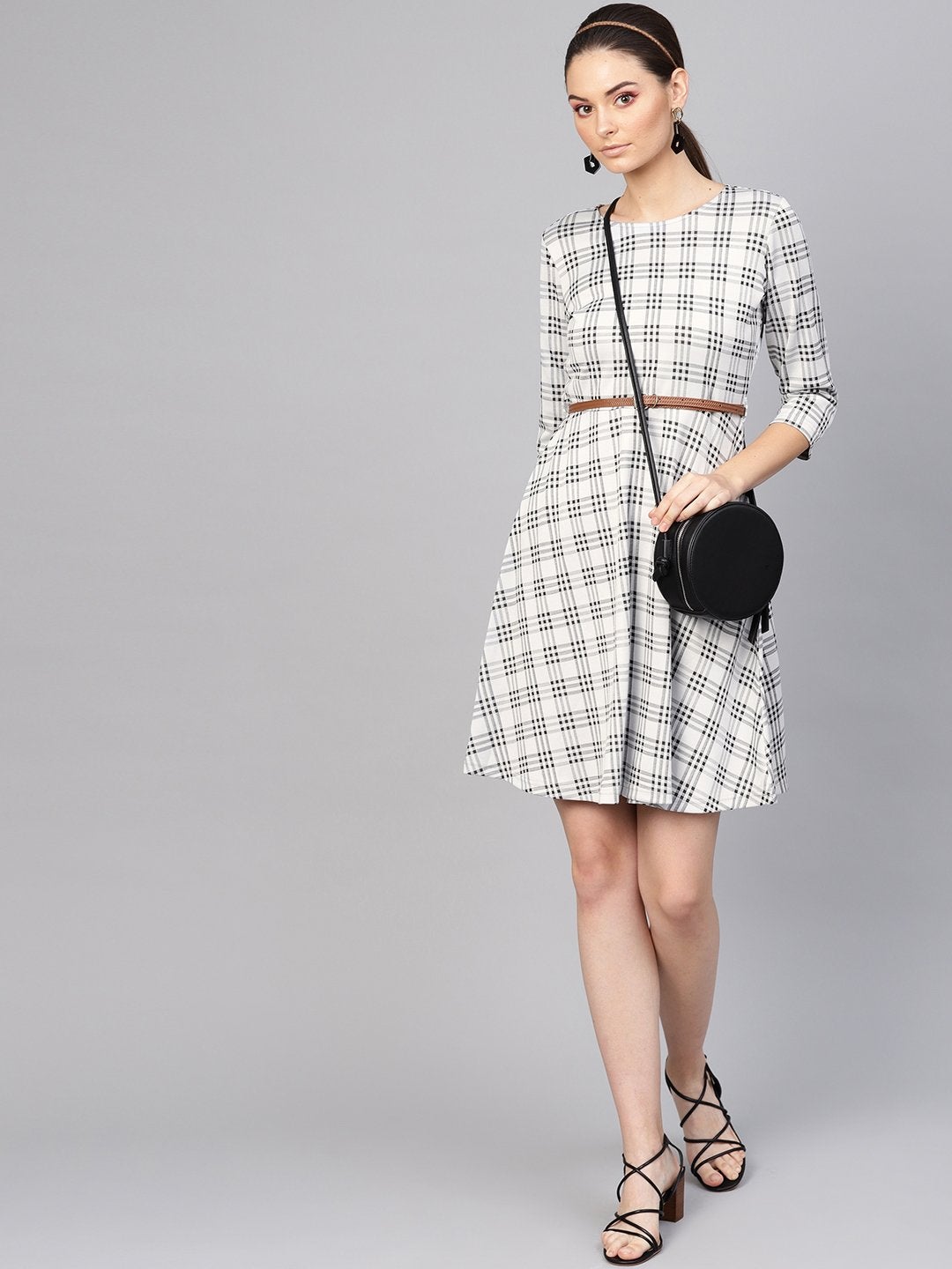 Women's Black & Grey Check Belted Skater Dress - SASSAFRAS