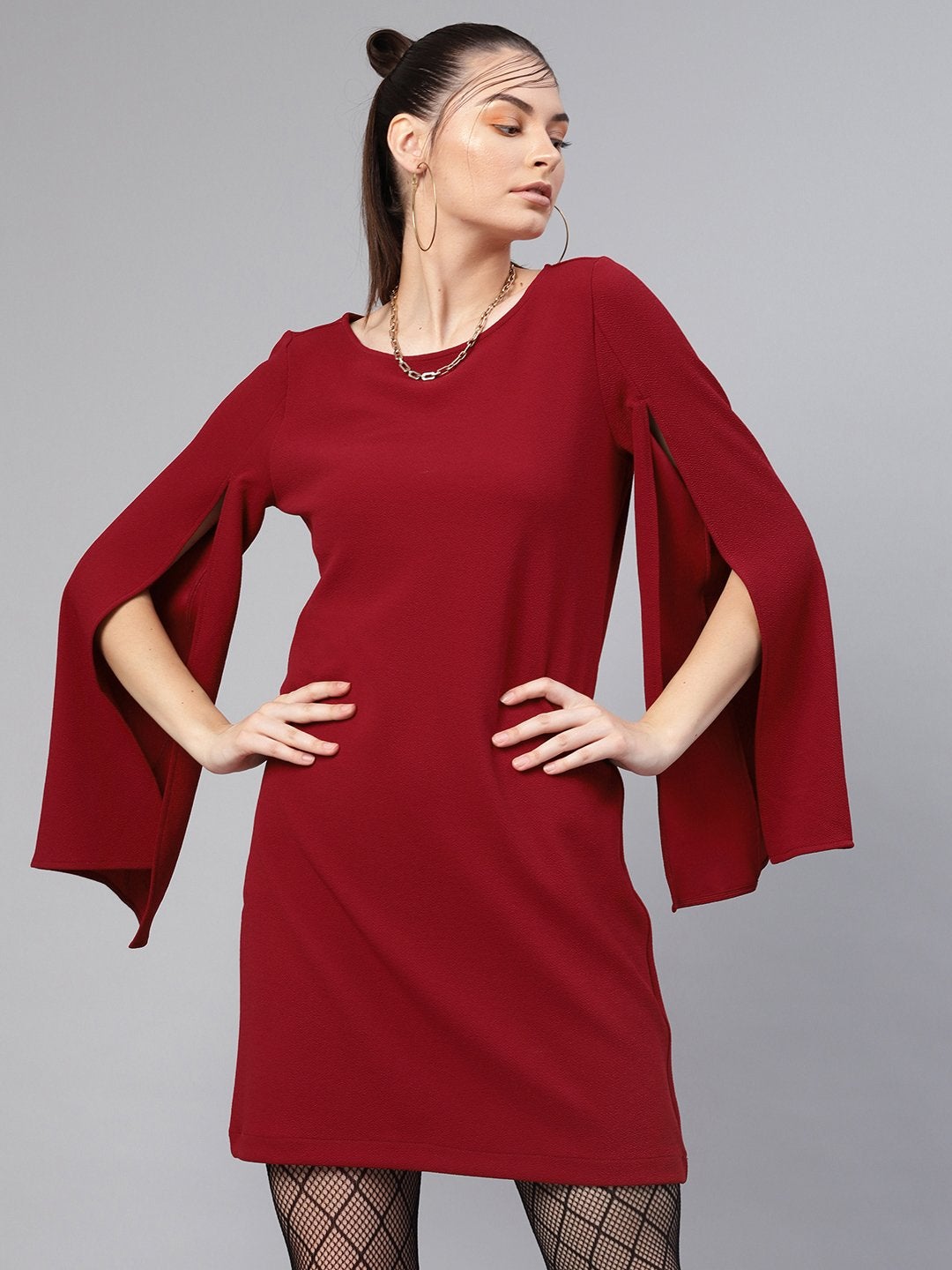 Women's Maroon Cape Sleeves Shift Dress - SASSAFRAS