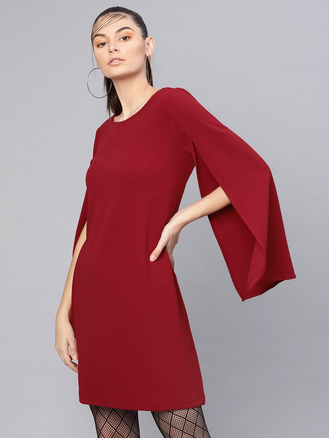 Women's Maroon Cape Sleeves Shift Dress - SASSAFRAS