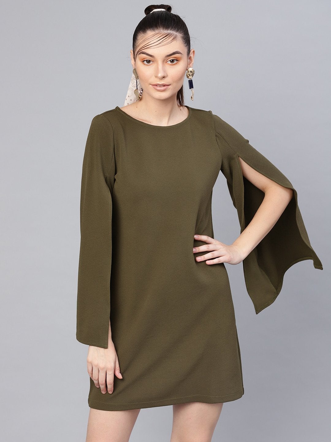 Women's Olive Cape Sleeves Shift Dress - SASSAFRAS