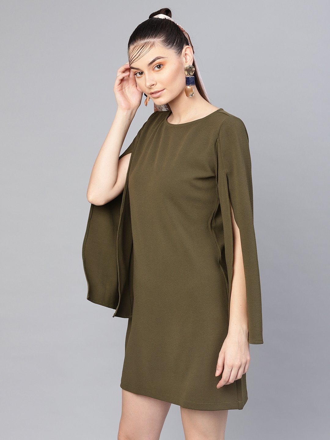 Women's Olive Cape Sleeves Shift Dress - SASSAFRAS