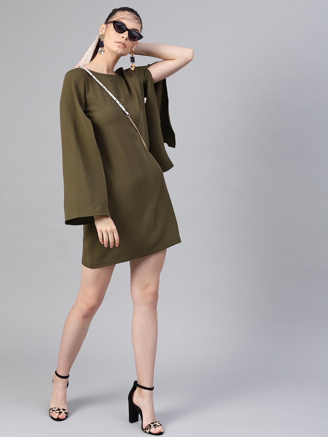 Women's Olive Cape Sleeves Shift Dress - SASSAFRAS