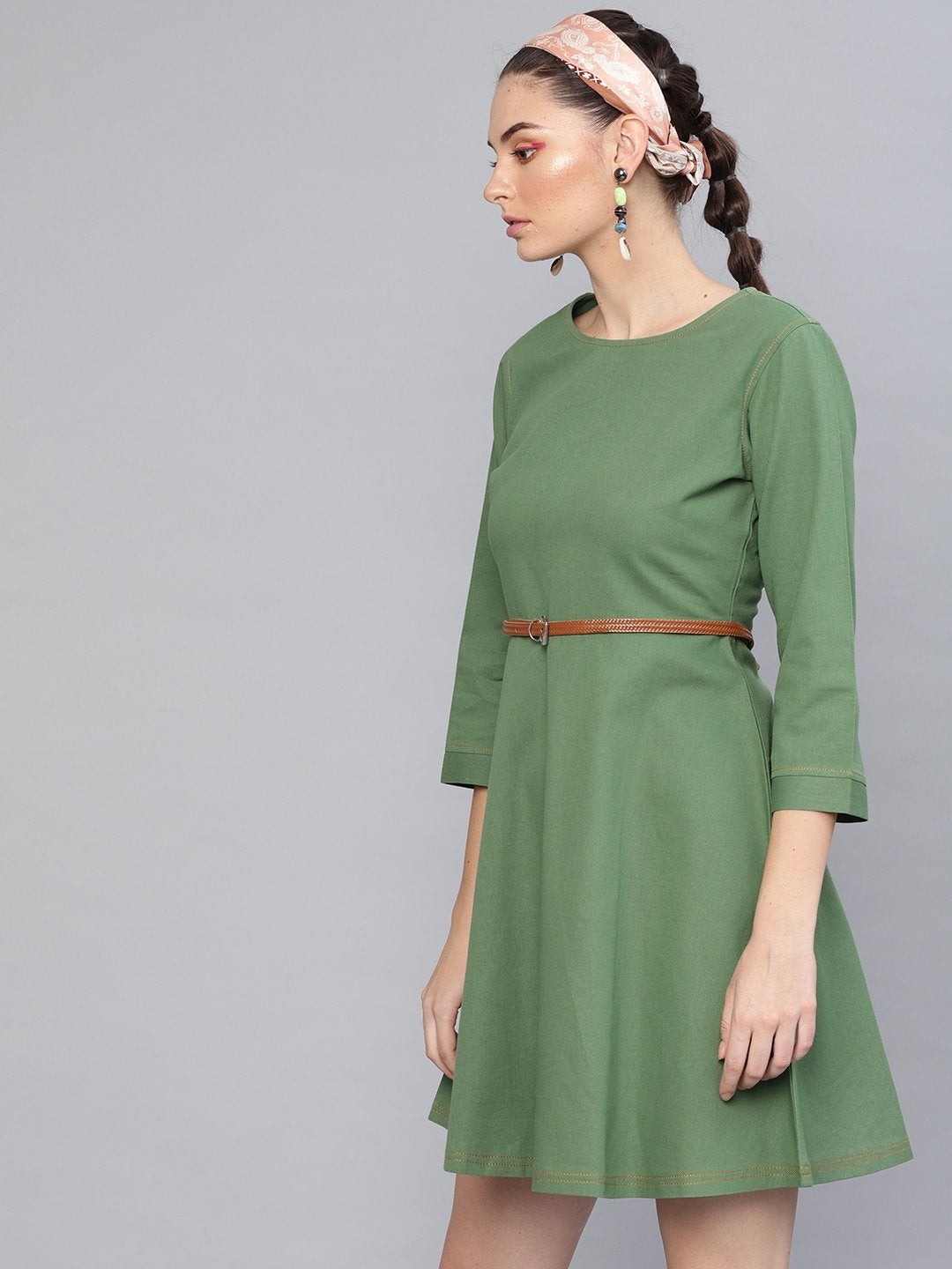 Women's Olive Denim Belted Skater Dress - SASSAFRAS