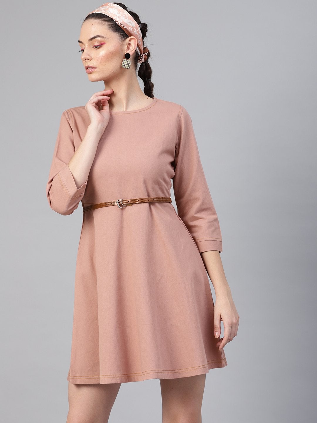 Women's Pink Denim Belted Skater Dress - SASSAFRAS