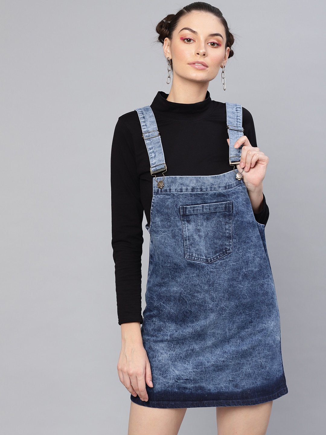 Women's Blue Denim Washed Pinafore Dress - SASSAFRAS