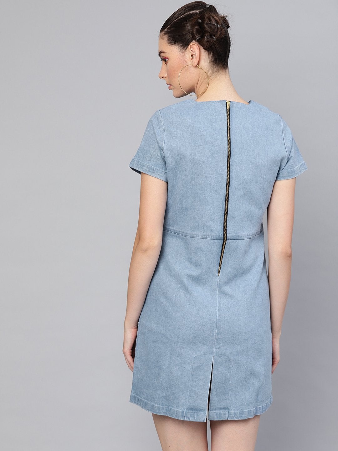 Women's Light Blue Denim Shift Dress - SASSAFRAS